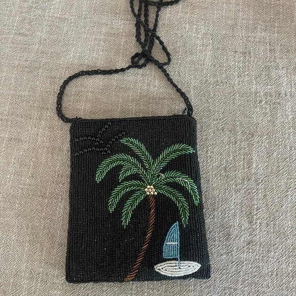 Beaded Tropical Crossbody Purse with Palm Tree Black 7" x 6" Flawed! - Picture 1 of 6